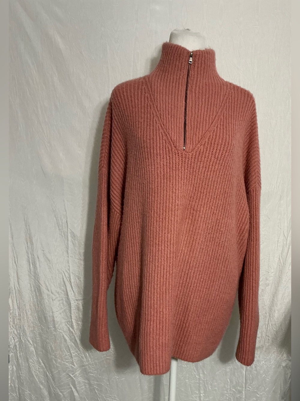 Oversized Quarter-Zip Ribbed Sweater - Dusty Rose